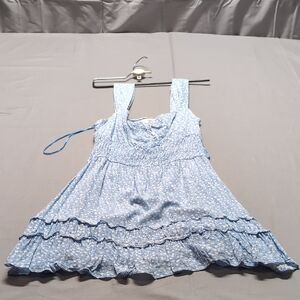 Sweet Pot Blue Floral Mini Dress Smocked Tiered‎ Ruffle Cottagecore Womens 8